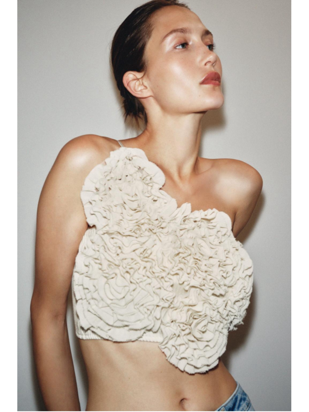 Zara Ecru Flower Crop Top Spaghetti Strap Straight Neck Size S NWT